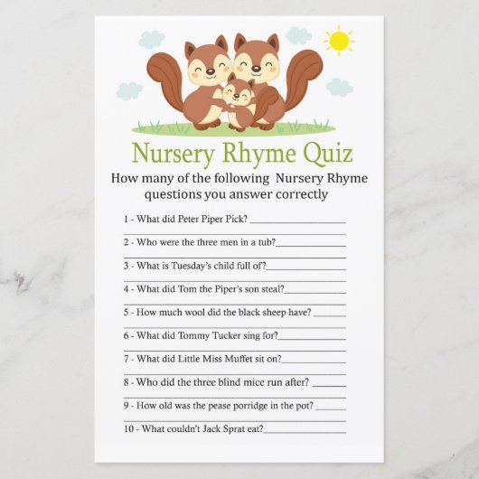 Sleepy fox Nursery Rhyme Quiz baby shower game (Voorkant)