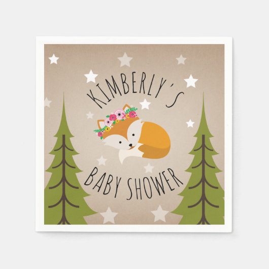 Sleepy Fox Stars + Bomen Bloemen Baby shower Servet (Voorkant)