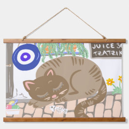 Sleepy Greek Taverna Cat Mediterranean Scene Hangend Wandkleed