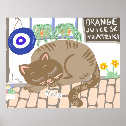 Sleepy Greek Taverna Cat Mediterranean Scene Poster (Voorkant)