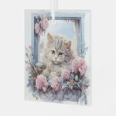Sleepy Grey White Kitten Roze Blauwe Bloemen Glas Ornament (Voorkant links)