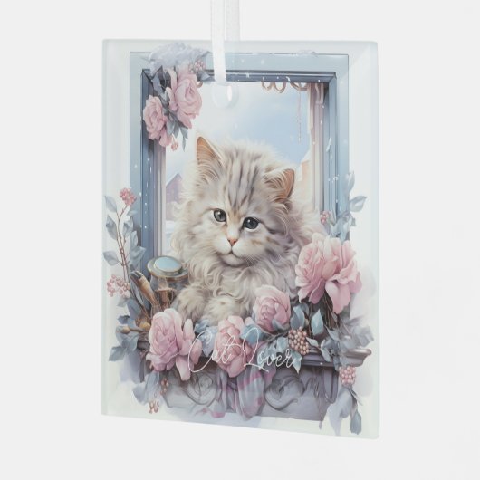 Sleepy Grey White Kitten Roze Blauwe Bloemen Glas Ornament (Voorkant links)