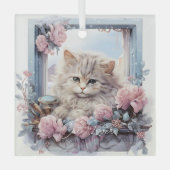 Sleepy Grey White Kitten Roze Blauwe Bloemen Glas Ornament (Voorkant)