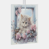 Sleepy Grey White Kitten Roze Blauwe Bloemen Glas Ornament (Voorkant Rechts)