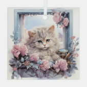 Sleepy Grey White Kitten Roze Blauwe Bloemen Glas Ornament (Achterkant)