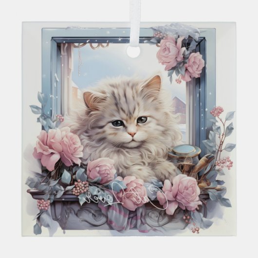 Sleepy Grey White Kitten Roze Blauwe Bloemen Glas Ornament (Achterkant)
