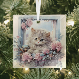 Sleepy Grey White Kitten Roze Blauwe Bloemen Glas Ornament