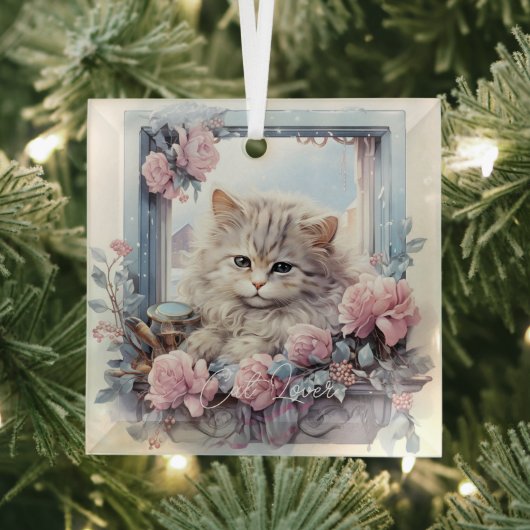 Sleepy Grey White Kitten Roze Blauwe Bloemen Glas Ornament (Insitu)