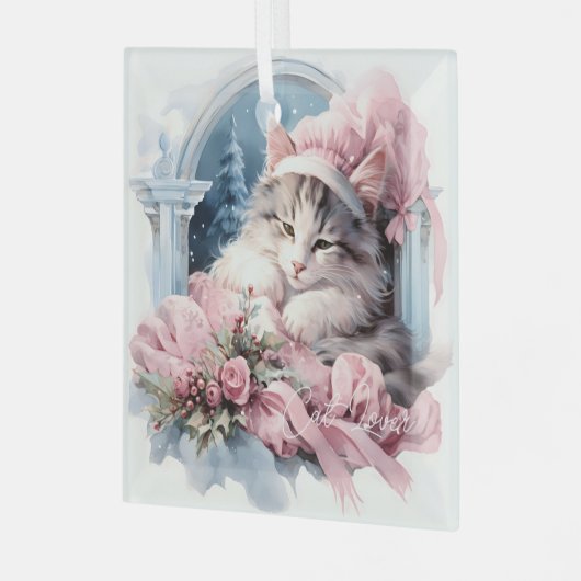 Sleepy Grey Wit Kitten Roze Frilly Kleding Glas Ornament (Voorkant links)