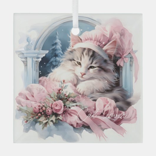 Sleepy Grey Wit Kitten Roze Frilly Kleding Glas Ornament (Voorkant)