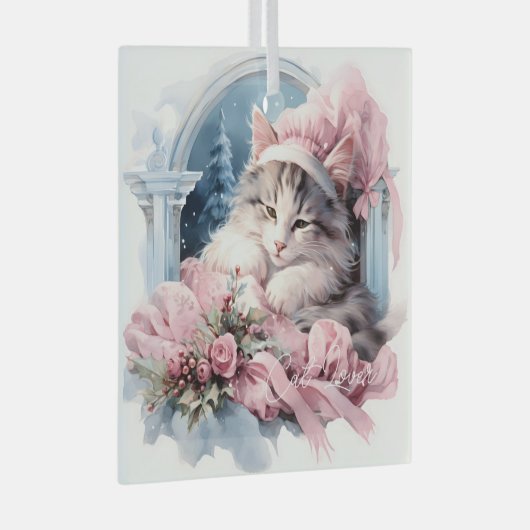 Sleepy Grey Wit Kitten Roze Frilly Kleding Glas Ornament (Voorkant Rechts)