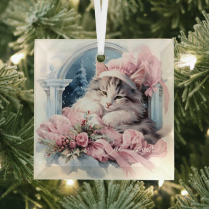 Sleepy Grey Wit Kitten Roze Frilly Kleding Glas Ornament