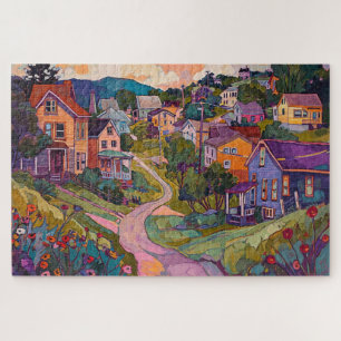 Sleepy Hillside Town - Waterverf Legpuzzel