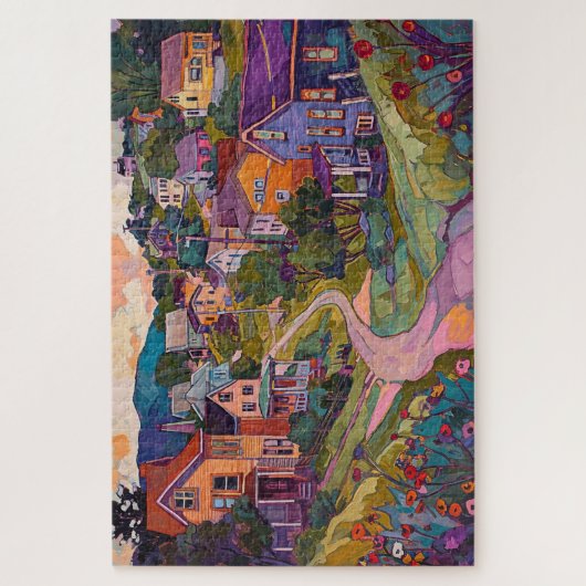 Sleepy Hillside Town - Waterverf Legpuzzel (Verticaal)