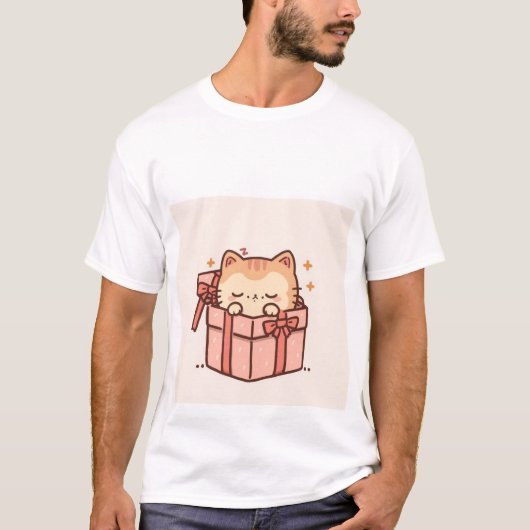 Sleepy Kawaii Ginger Cat in Pink Gift Box ✨💤 T-shirt (Voorkant)