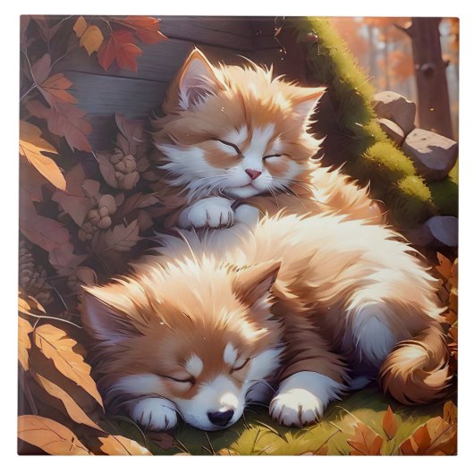 Sleepy Kitten en Puppy Fall Leaves Portretkunst Tegeltje (Voorkant)