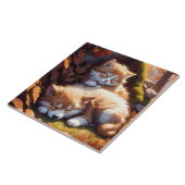Sleepy Kitten en Puppy Fall Leaves Portretkunst Tegeltje (Zijkant)