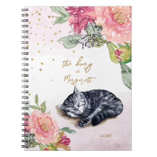 Sleepy Kitten Illustratie Bloemenmeisje Dagelijkse Notitieboek
