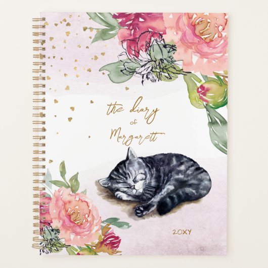 Sleepy Kitten Illustratie Bloemenmeisje Dagelijkse Planner (Voorkant)
