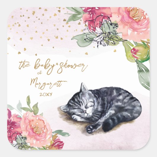 Sleepy Kitten Illustration Girl Baby shower Vierkante Sticker (Voorkant)