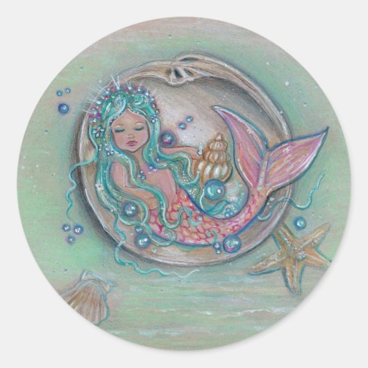 Sleepy kleine zeemeermin van Renee Lavoie Ronde Sticker (Voorkant)