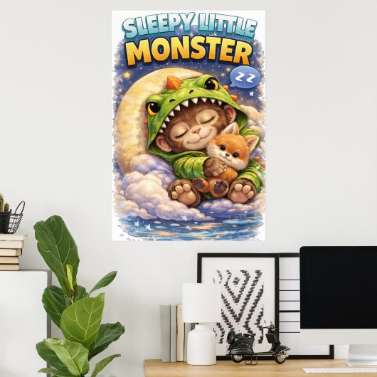 Sleepy Little Monster Cute Dino Poster (Thuiskantoor)