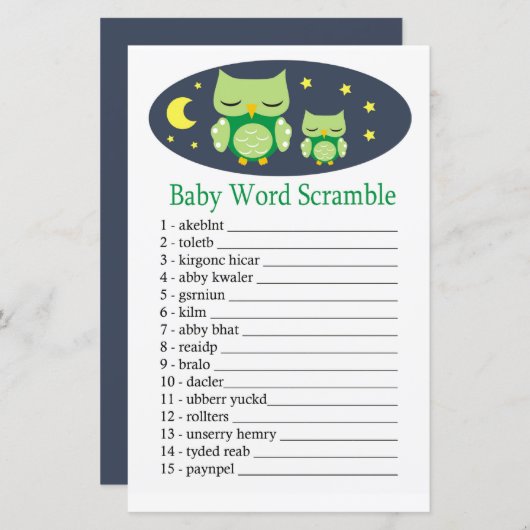 Sleepy owl Baby word scramble game (Voorkant / Achterkant)