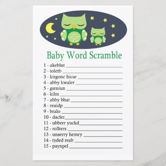 Sleepy owl Baby word scramble game (Voorkant)