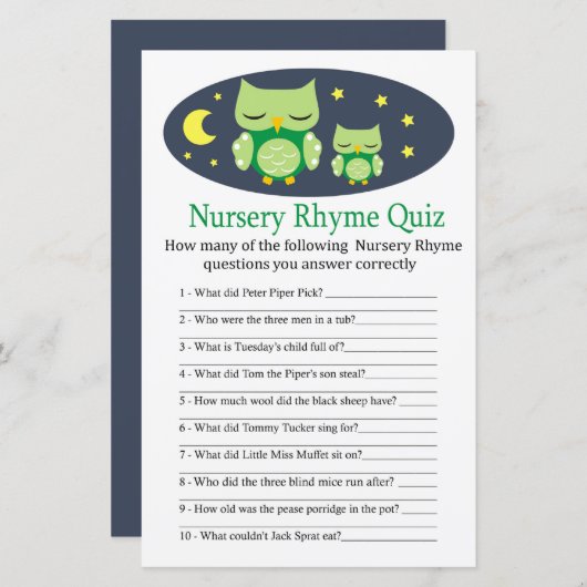 Sleepy owl Nursery Rhyme Quiz baby shower game (Voorkant / Achterkant)