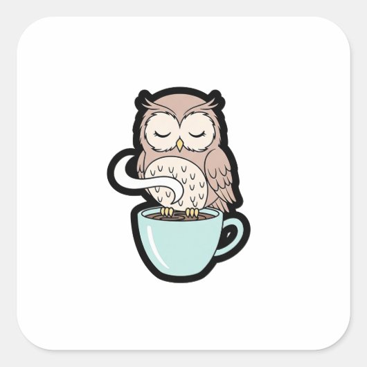 Sleepy Owl on Coffee – Cute Cozy Illustration Vierkante Sticker (Voorkant)