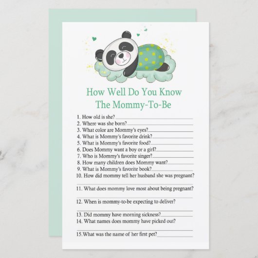 Sleepy panda Hoe goed ken je het baby shower spel? (Voorkant / Achterkant)