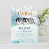 Sleepy Penguin Twin Winter Theme Baby Boy Shower Kaart (Staand voorkant)