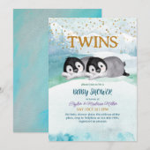 Sleepy Penguin Twin Winter Theme Baby Boy Shower Kaart (Voorkant / Achterkant)
