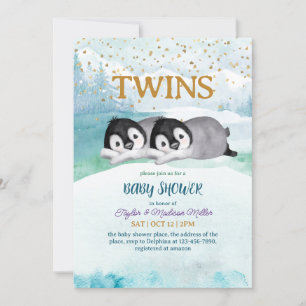 Sleepy Penguin Twin Winter Theme Baby Boy Shower Kaart