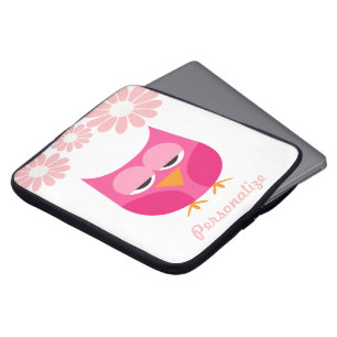 Sleepy Pink Owl and Flowers Personalized Laptop Sleeve