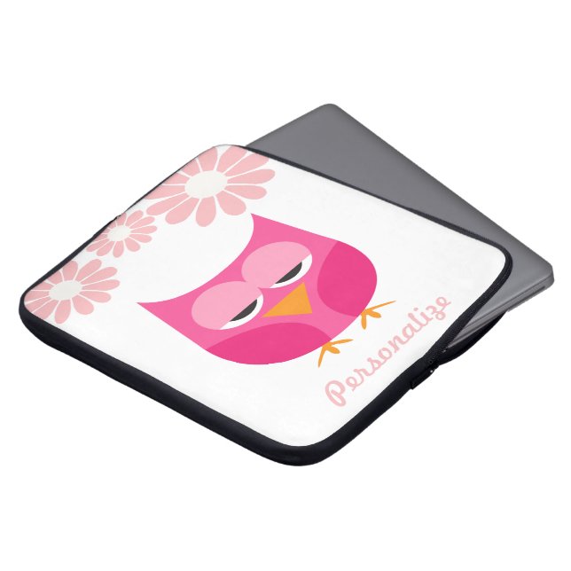Sleepy Pink Owl and Flowers Personalized Laptop Sleeve (Voorkant top)