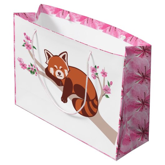 "Sleepy Red Panda" Cherry Blossom Large Gift Bag Groot Cadeauzakje (Achterkant Gekanteld)