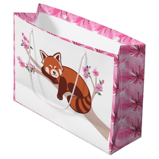 "Sleepy Red Panda" Cherry Blossom Large Gift Bag Groot Cadeauzakje (Voorkant Gekanteld)