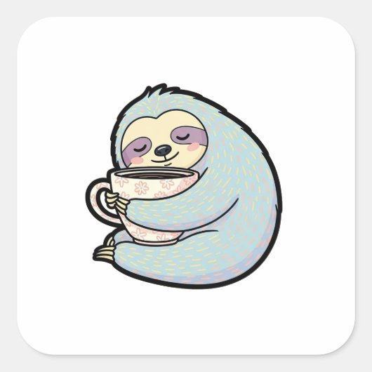 Sleepy Sloth with Coffee – Cute Cozy Illustration Vierkante Sticker (Voorkant)