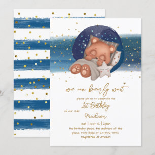 Sleepy Teddy Bear Baby First Birthday Invitati Kaart