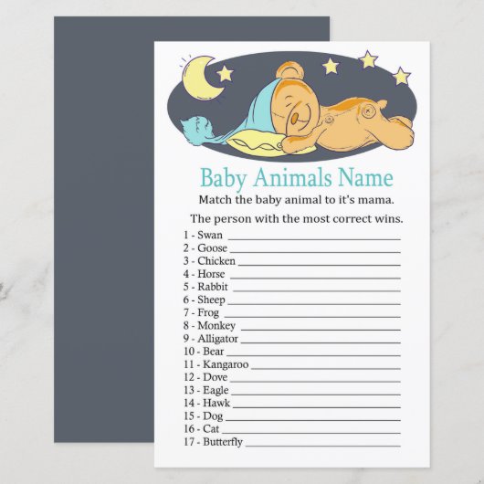 Sleepy teddy beer Baby Animals Name Game (Voorkant / Achterkant)