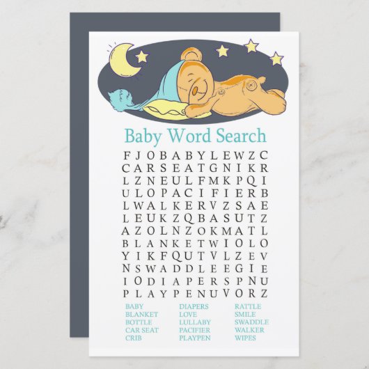 Sleepy teddy beer Baby shower Word Search Game (Voorkant / Achterkant)
