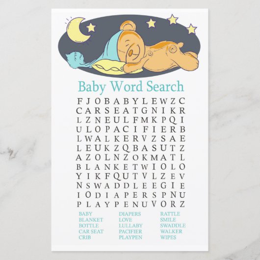 Sleepy teddy beer Baby shower Word Search Game (Voorkant)
