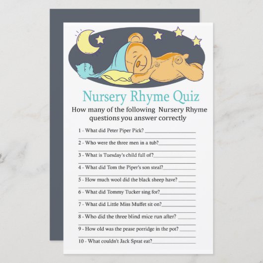 Sleepy teddy beer Nursery Rhyme Quiz baby shower g (Voorkant / Achterkant)