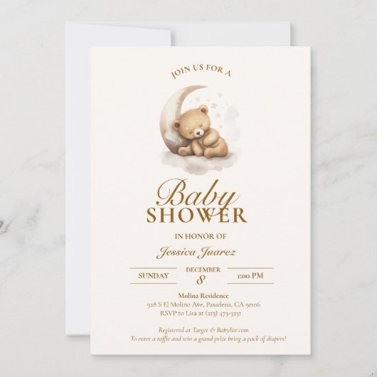 Sleepy Teddybeer neutraal Baby shower uitnodiging (Voorkant)