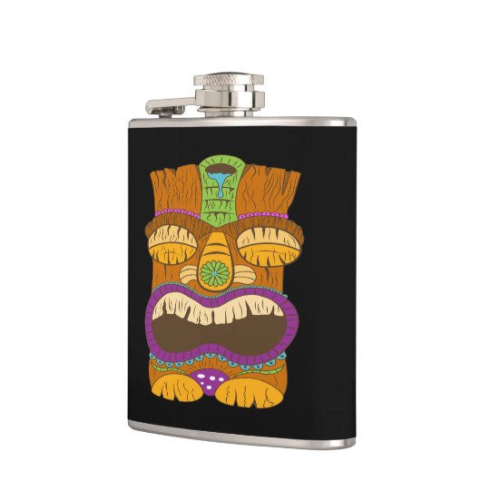 Sleepy Tiki standbeeld met open mond, grappig zwar Heupfles (Links)