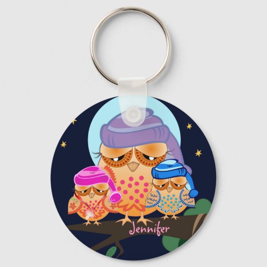 Sleepy Uil Familie met Aangepaste Naam Sleutelhanger (Voorkant)