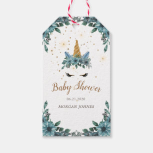 Sleepy Unicorn Blue Bloemen baby shower Monogram Cadeaulabel
