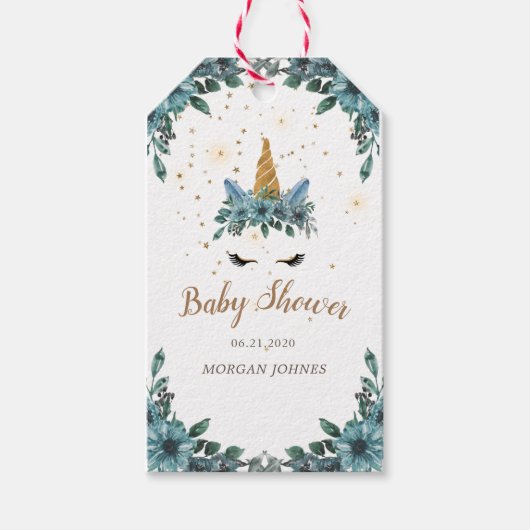 Sleepy Unicorn Blue Bloemen baby shower Monogram Cadeaulabel (Voorkant)