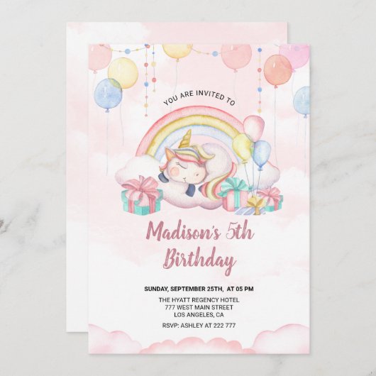 Sleepy Unicorn Verjaardag uitnodiging (Voorkant / Achterkant)